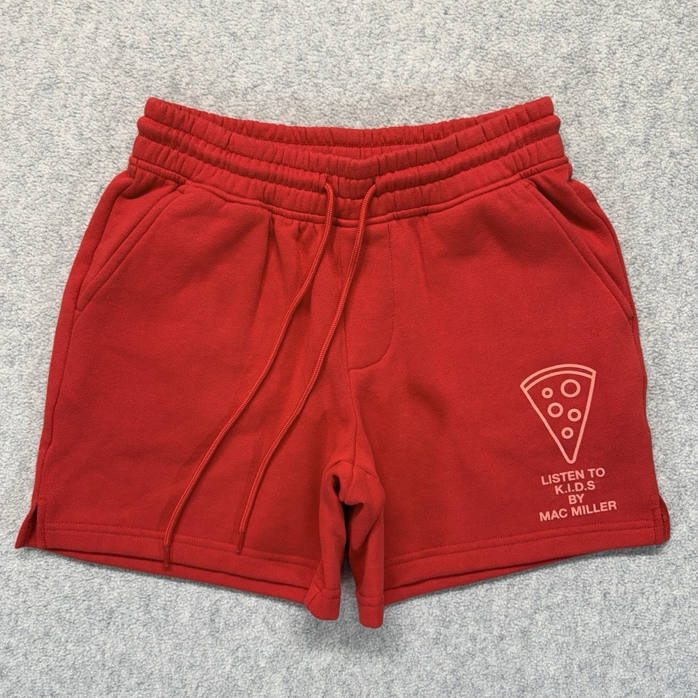Mac Miller "Listen To K.I.D.S" Pizza Graphic Red Sweat Shorts Men's Size M